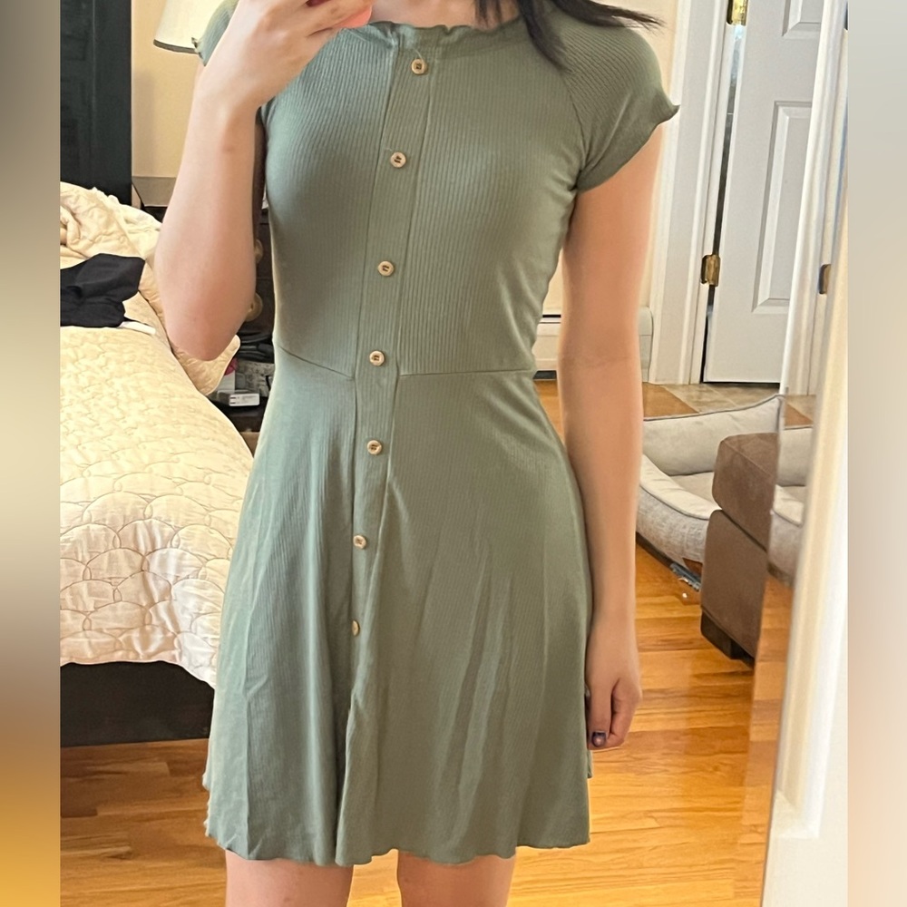 Green Button-Up Ribbed Dress